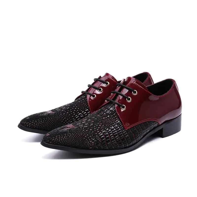 

Eunice Choo Crocodile Skin Embossed Leather Formal Lace Up Derby Shoes Dark Red Patchwork Pointed Toe Men Party Dress Shoes