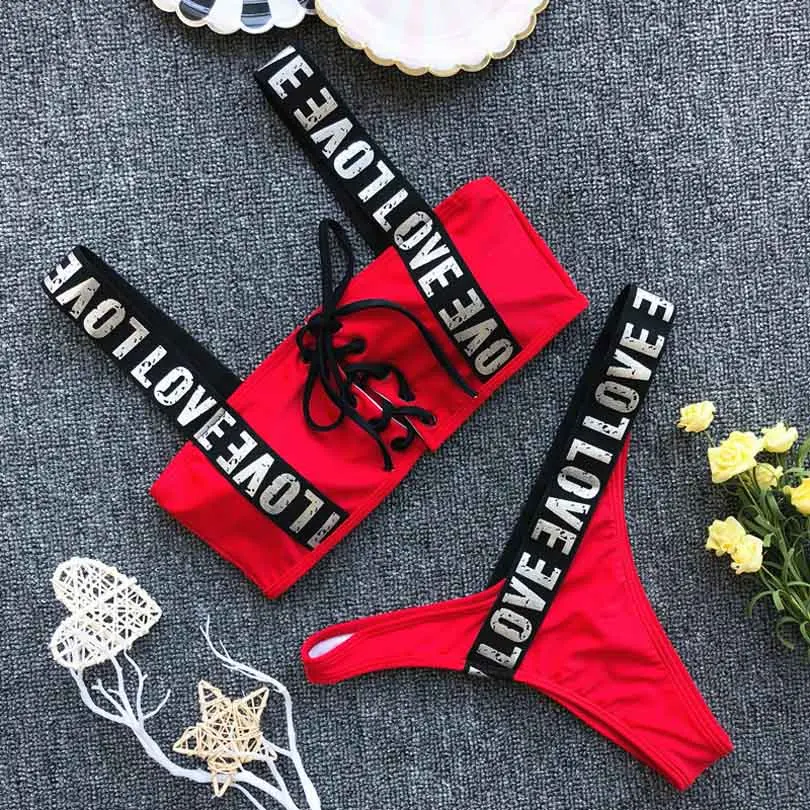 

LOVE Letters Bikini Set 2019 Summer Beach Large Size Swimwear Women Metal Eyes Bandage Biquini Plavky Swimsuit Saida De Praia