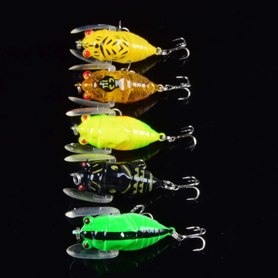 

New 5pcs/lot hard plastic cicada fishing lures 3d eyes with wing artifiicial bait treble hooks bulk fish tackle