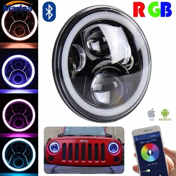 

7 Inch LED Headlight Assemblies with Multicolor RGB Halo Angle Eye APP Bluetooth Remote For Jeep Wrangler TJ JK Hummer