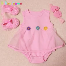 3 шт./0-24 месяцев/Летний комбинезон для новорожденных девочек, одежда милое кружевное платье боди-пачка+ обувь+ повязка на голову, комплект одежды для младенцев, BC1041