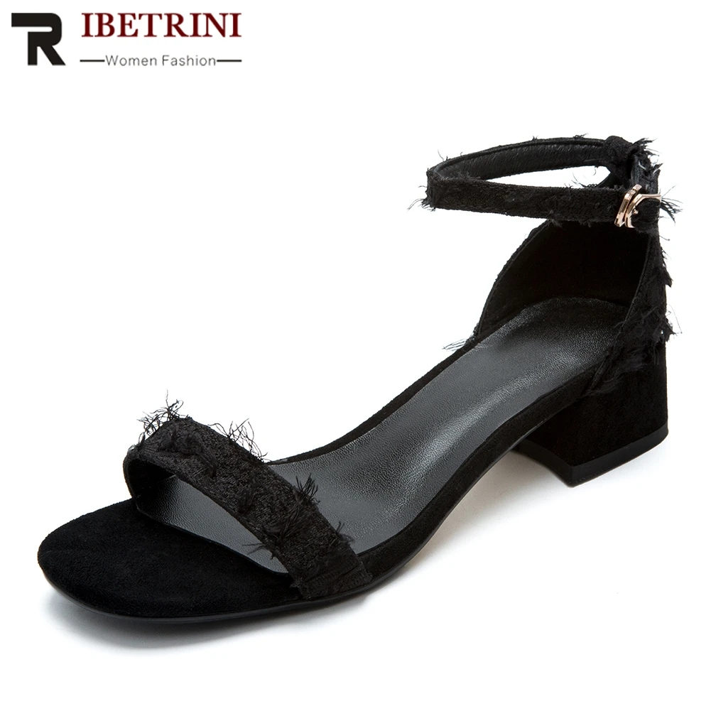 

RIBETRINI High Quality Buckle Strap Chunky Heels Open Toe Sandals Woman Shoes 3 Colors Concise Summer Shoes Woman Sandals