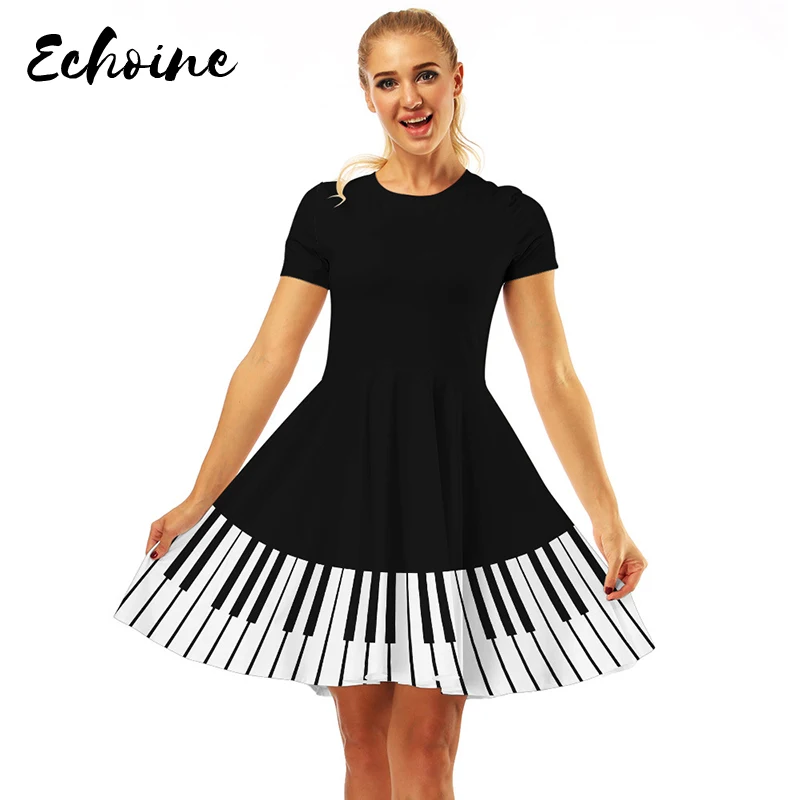 

Echoine Piano Print Vintage T Shirt Dress Women Fashion O Neck Short Sleeve High Waist Swing A Line Dress Vestidos Plus Size XL