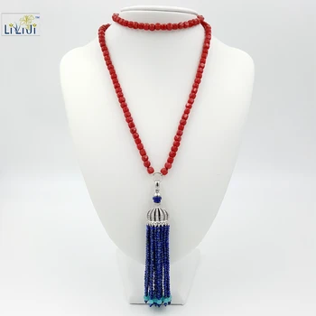 

Lii Ji Natural Lapis Lazuli Amazonite, Dye Red color Jade Long Tassel Necklace