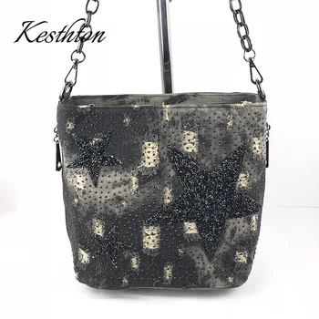 

Kesthton bucket ladies washed denim bag for women's bags small handbag female shoulder crossbody bag diamond chains blue tote
