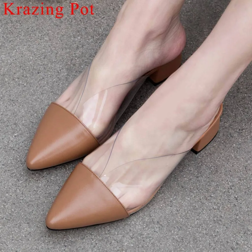 

Krazing Pot hot selling chunky heels slip on mules full grain leather jelly shoes transparent pvc material pointed toe shoes L08