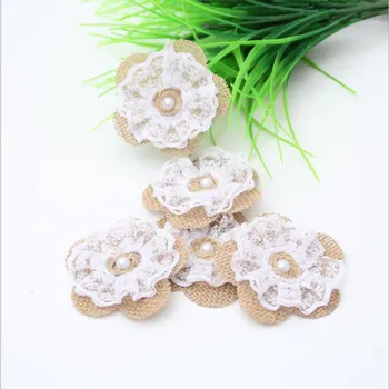 

50pcs Handmade Jute Hessian Burlap Flower With Lace Rose Hat DIY Craft rustic wedding decor vintage wedding decoration