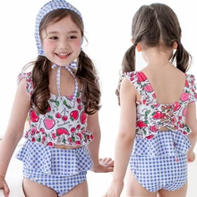 Fanceey из двух предметов детская одежда для девочек с коротким рукавом Солнцезащитный крем купальник Топы боди Купальник для девочек Купальники с плавательным Кепки