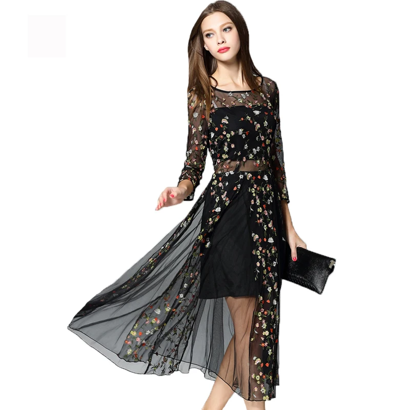 Fitaylor, летнее женское кружевное платье, элегантное, тюль, цветочный принт, вышивка, тонкое, о-образный вырез, высокая талия, черное платье, винтажные платья для вечеринок