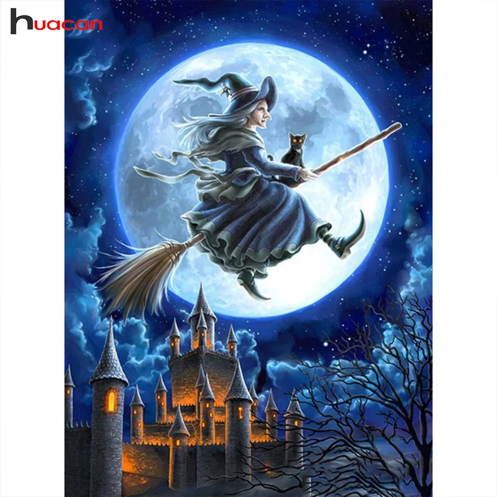 

Huacan Diamond Painting Halloween Night Full Square Resin Diamond Mosaic Broom Witch Pictures Of Rhinestones Diamond Embroidery