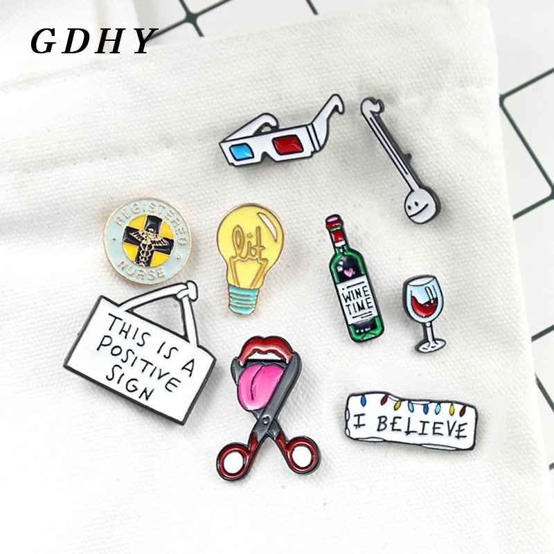 

GDHY Brooch 3D Glasses Music Symbol Glass Bulb Cross Scissors Lips Tongue Red I BELIEVE Billboard Brooch Enamel Pin For Kids