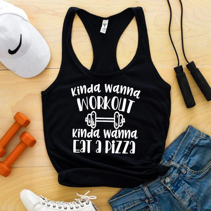 

Vest Kinda Wanna Workout Kinda Wanna Eat A Pizza Tank Top Women's Racerback Exercise Running Tank Casual Graphic Funny Tee Shirt