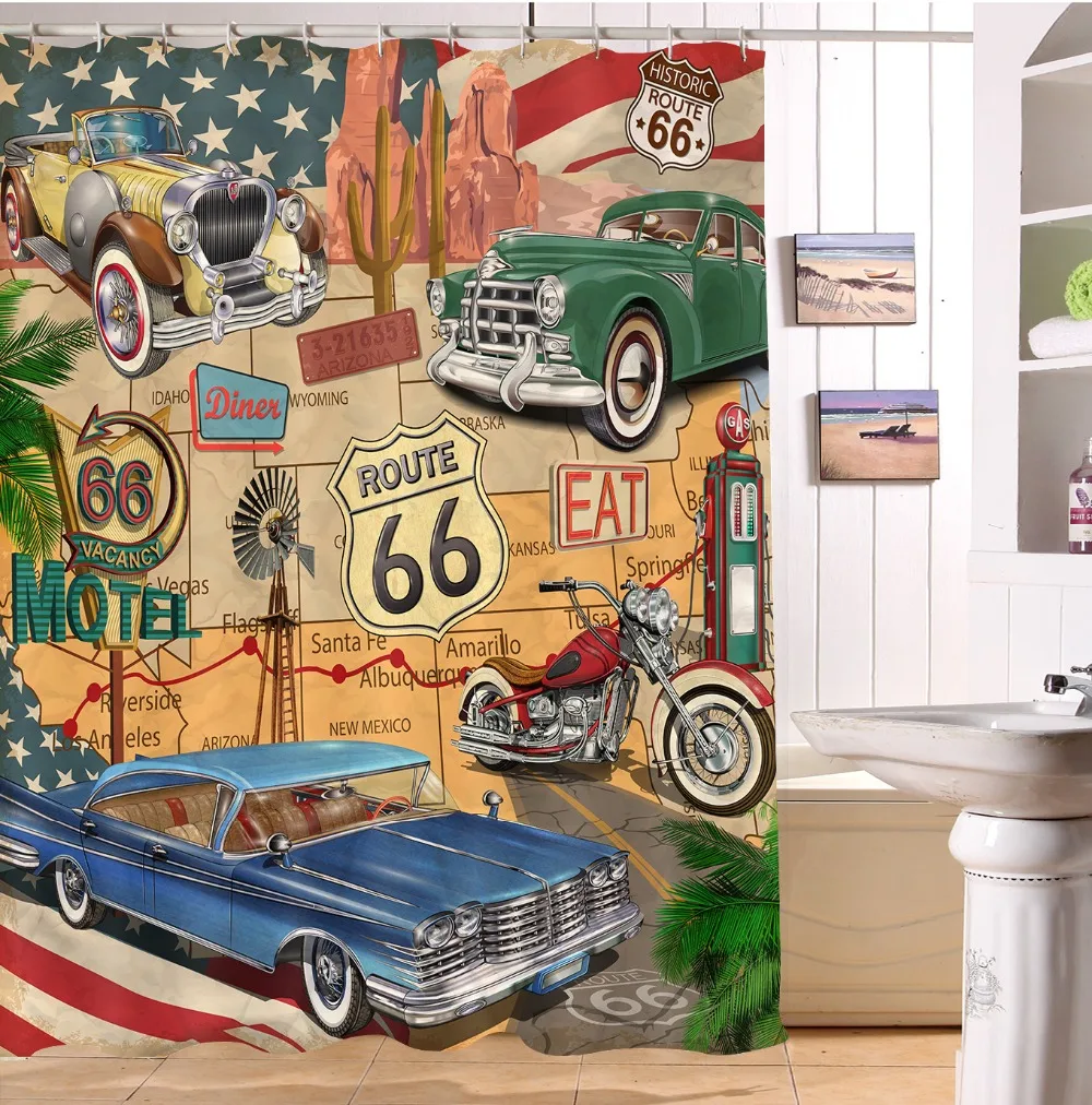 3D Window Curtains Map Route 66 Retro Car Motorcycle Blockout Drapes Fabric New 