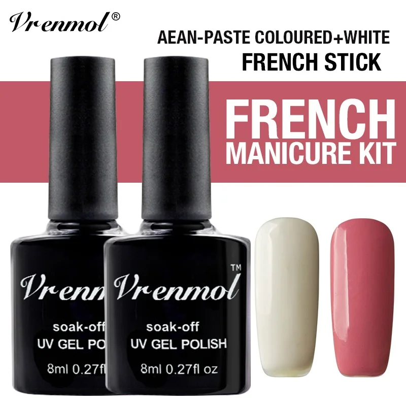 Vrenmol Whtie + esmalte de Gel de uñas de Color rosa + punta para regalo guías de uñas francesas Semic permanente UV Gel barniz kit de manicura para uñas