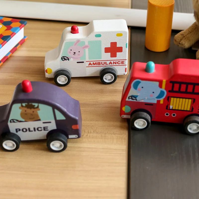

3 pcs goryeobaby wooden car toy baby rickshaw police car fire engine