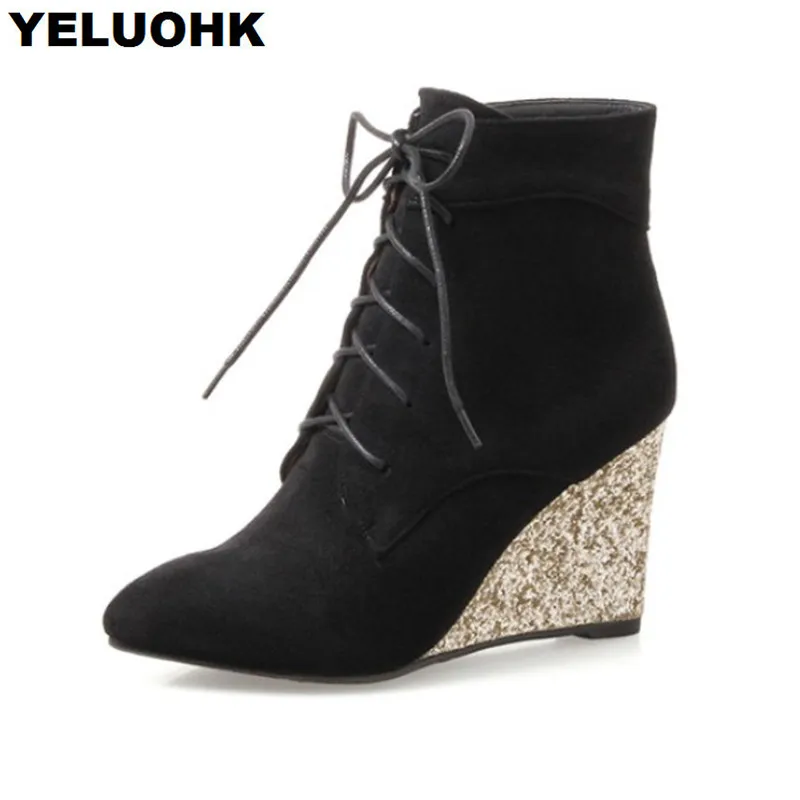 

Glitter Women High Boots Wedge Shoes Pointed Toe Ankle Boots For Women Autumn Winter Shoes High Heels Lace Up Women Shoes