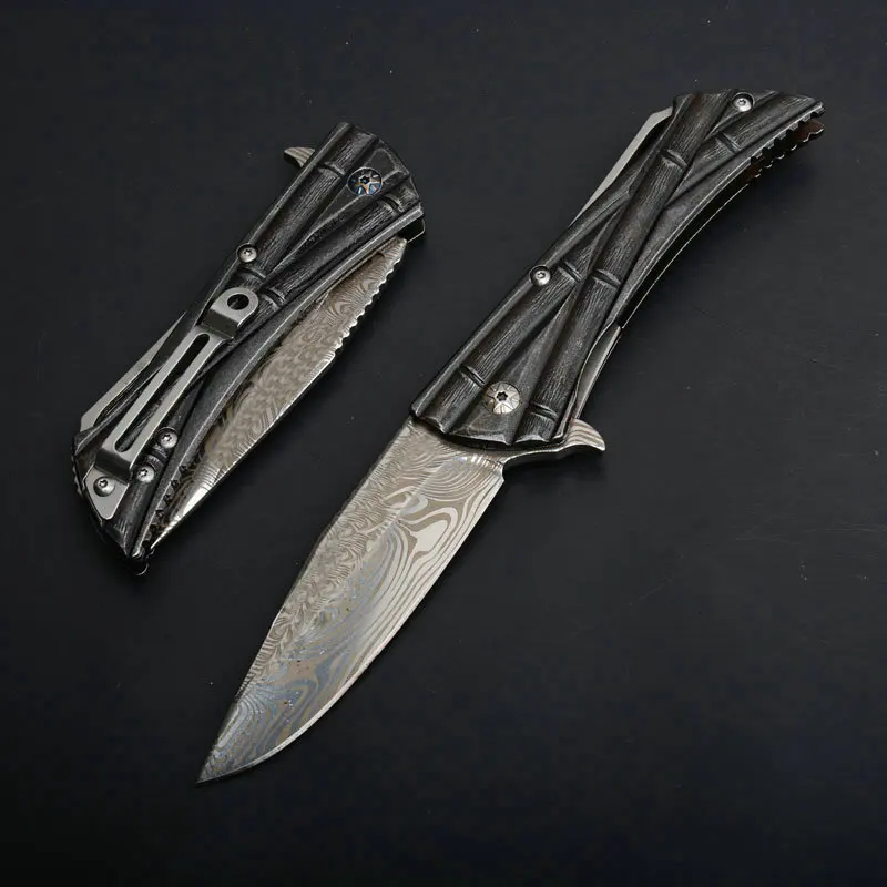 microtech bamboo tactical folding knife damascus pattern blade rescue edc tools (4)