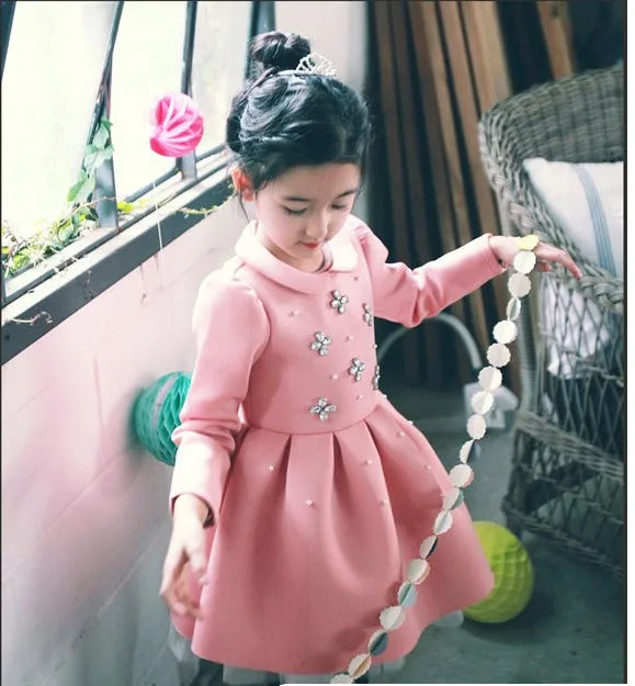 

Children dress spring 2017  kids Pearl Flower Lapel dress toddler girl dresses 1549