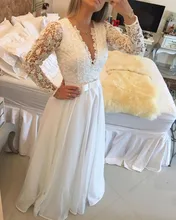 Sexy Tiefem V-ausschnitt Durchsichtig Zurück Weißen Chiffon mit Spitze perlen Eine Linie Langarm Abendkleider Kleider Für Besondere Anlässe ED3