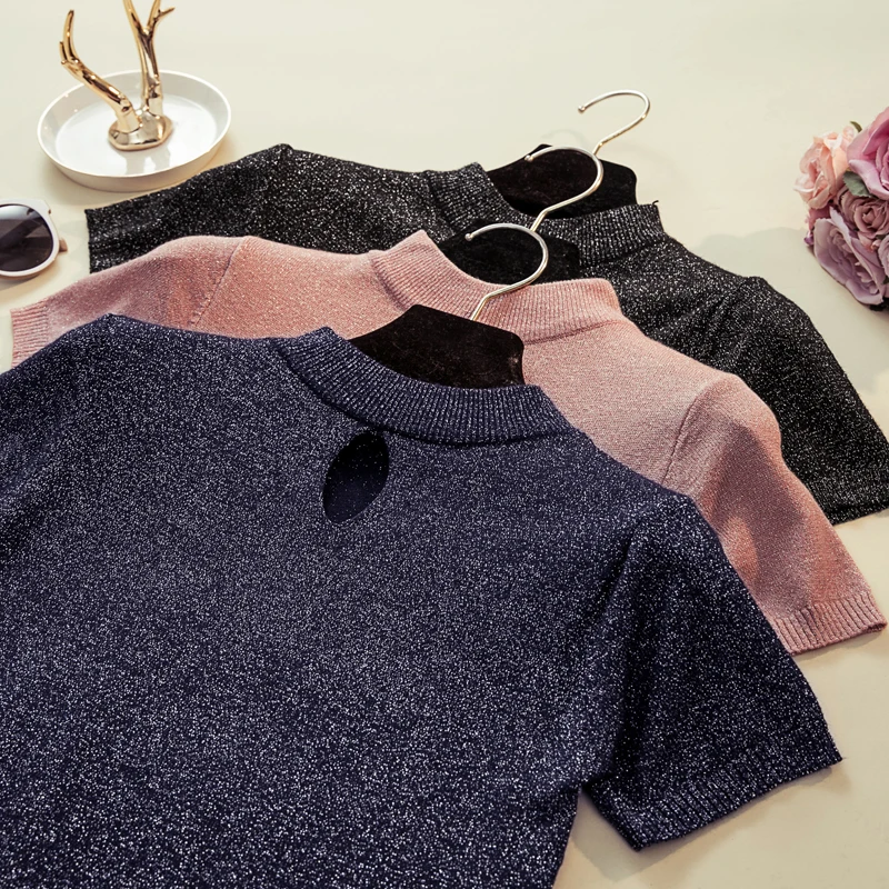 

ONLYSVTER Knitted Summer T Shirt Women Lurex Glitter Short Sleeves Top Fashion Casual Tshirt High Elasticity Female T-Shirt