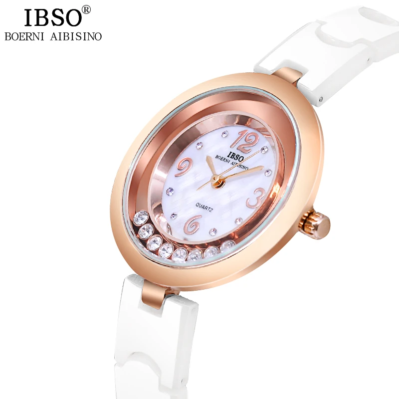 IBSO, новинка, женские часы с керамическим ремешком,, вращающийся кристалл, бриллианты, женские часы, корпус, циферблат, кварцевые часы для женщин, Montre Femme
