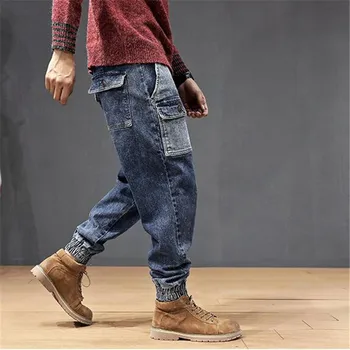 

Winter High Street Fashion Men's Jeans Retro Blue Japanese Style Vintage Design Tapered Jeans Loose Fit Hip Hop Biker Jeans Men