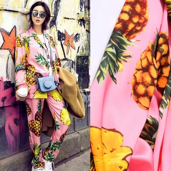 

2017 new pineapple fashion digital painting emulation silk elastic satin fabric for dress coat tissu au metre bright cloth DIY