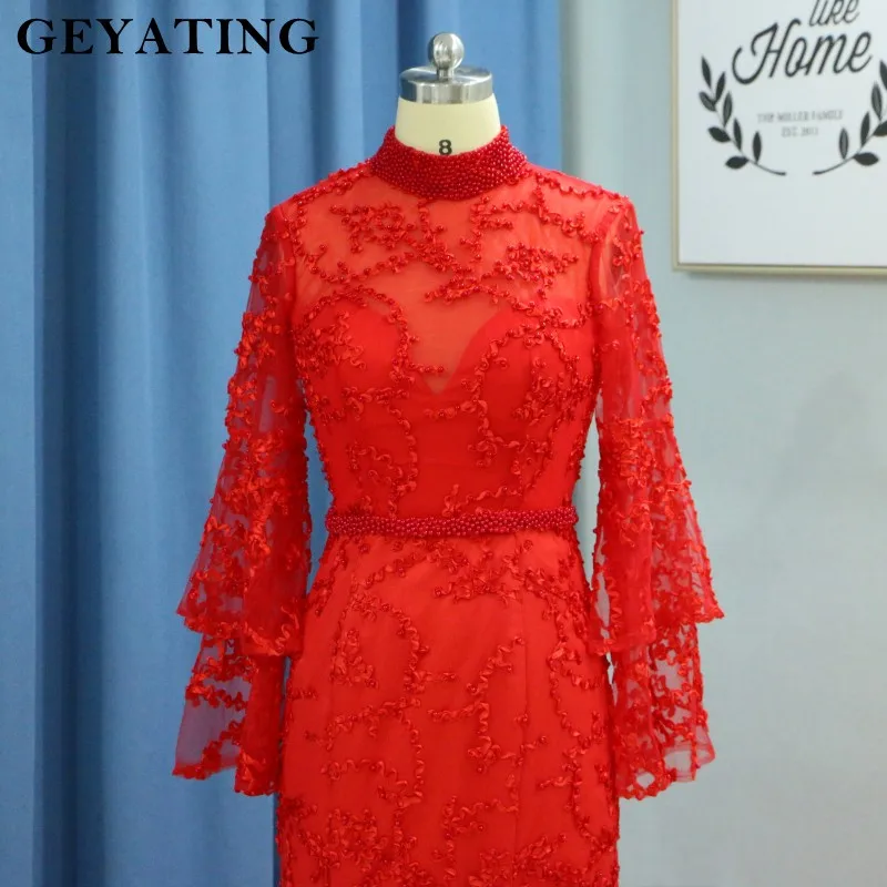 2019 Elegant Muslim Evening Dresses Long Sleeves High Neck Bead Arabic Red Lace Mermaid Prom Dress Dubai Women Formal Party Gown