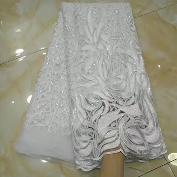 

2019 African Net Lace Fabric, High Quality Elegant White Sequins Nigerian Wedding Lace Fabrics 5Yards Sequins French Tulle lace