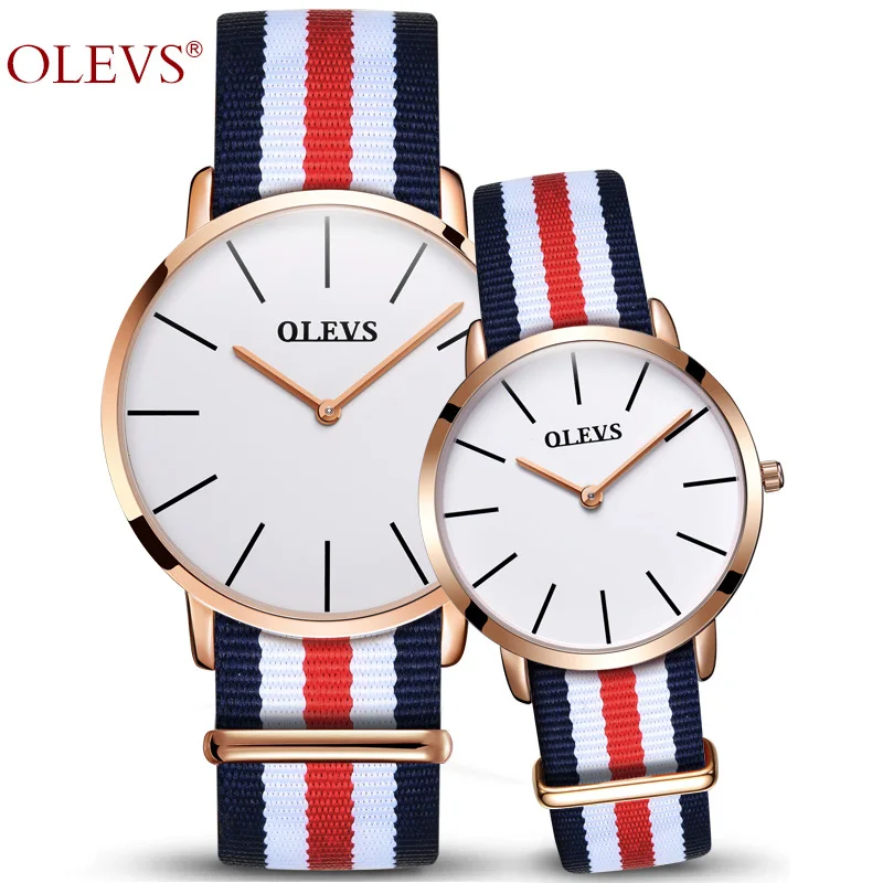 

OLEVS Romantic Ultra Thin Quartz Watch For Lover Multicolor Nylon Stripe Band Couple Waterproof Wristwatches Men and Women Gift