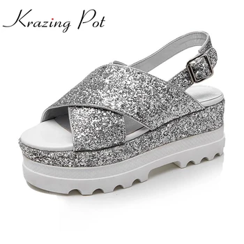 

2020 fashion superstar brand shoes peep toe handmade glitter bling sandals runway increased slingback platform high heels L2f3