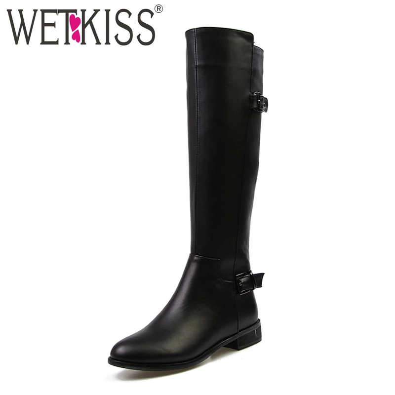 

WETKISS High Quality Genuine Leather pu Knee High Boots Women Buckle Strap Knight Shoes Woman Zipper Short Plush Winter Footwear