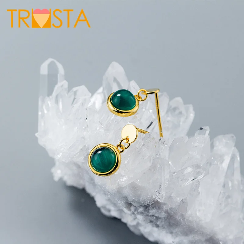 

Trusta 100% 925 Solid Real Sterling Silver Gold Round Green Synthetic Opal Stud Earring For Women Creative Fashion Jewelry XY932