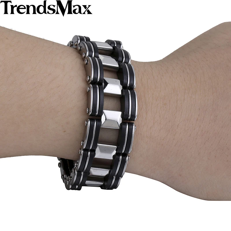Trendsmax мужской браслет хип-хоп Мотоцикл Байкер звено цепи Черный резиновый браслет из нержавеющей стали для мужчин ювелирные изделия 20 мм KKB461