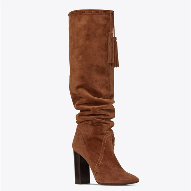 Damas Alta Borla marrón Altas Los La Punta Negro Rodilla Mujer Abesire De Cerdo En Cuadrado Zapatos Tacones Pista Moda Botas Niñas Slip XwgdFq