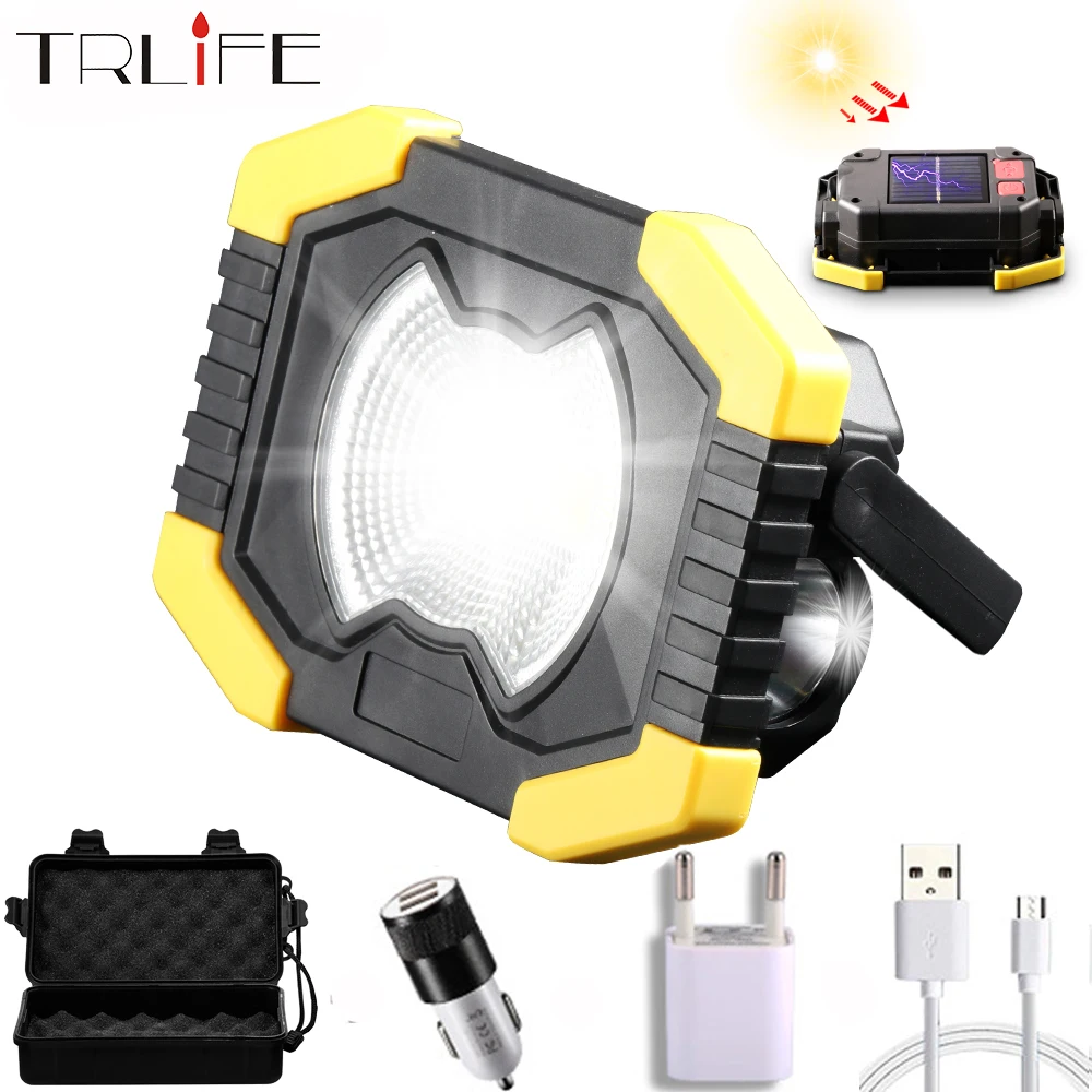 

40W Led Solar Work Light Spotlight Floodlight Tent Lantern COB Rechargeable 18650 or AA Battery Outdoor Lamp for Repair