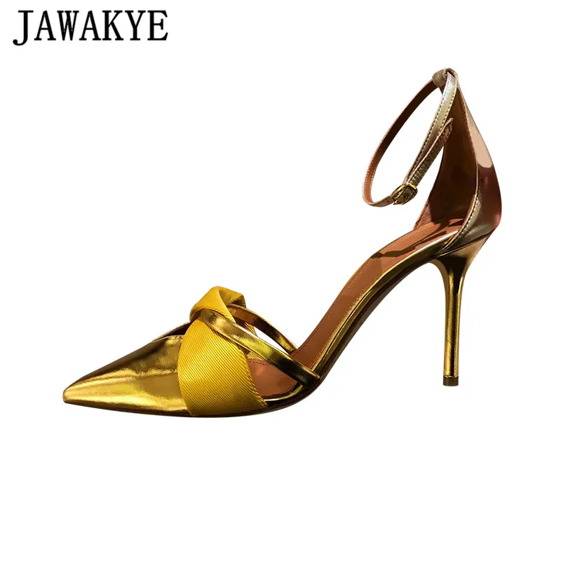 

JAWALYE Metal Gloss Sandals Women Open Toe Crossties Stilettos Sexy Cover Heel Ankle Strap Shoes Party Wedding Shoes Summer
