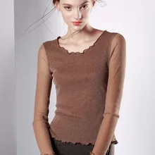 Весна-осень, блестящие Футболки с длинным рукавом и круглым вырезом, женские футболки с прозрачным рукавом и блестящей сеткой, женские кружевные топы с внутренним корпусом