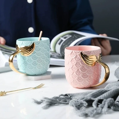 

2019 new style Nordic Creative Ceramic Cups CoffeeCups Water Cups Golden Mermaid Mark mugs Couple mug Girl Heart teacup