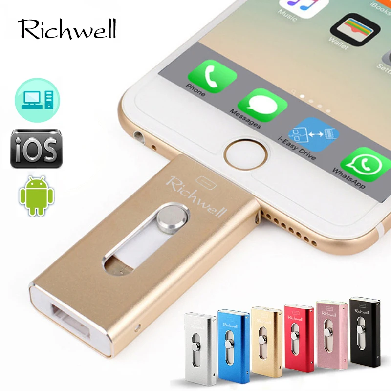 Richwell OTG USB 2,0 Флешка 8 ГБ 16 ГБ 32 ГБ Ручка-накопитель 64 ГБ 128 ГБ для iPhone X/8/7/7plus/6s/6s Plus/6/6 S Plus/5/SE/ipad