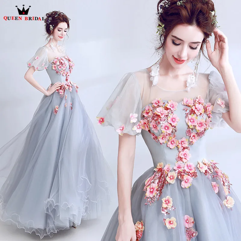 

A-line Short Sleeve Tulle Flowers Appliques Gray Long Evening Dresses 2018 New Prom Party Dress Gowns Robe De Soiree NT30