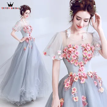 

A-line Short Sleeve Tulle Flowers Appliques Gray Long Evening Dresses 2020 New Prom Party Dress Gowns Robe De Soiree NT30