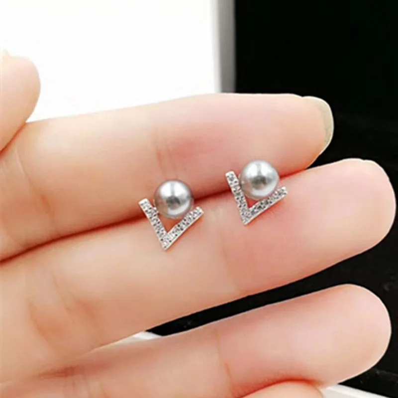 New Fashion Exquisite Stud Earrings Cute Cherry Star Crown Crystal Imitation Pearl For Women Piercing Jewelry Brincos Gift - Окраска металла: EB437 Gray