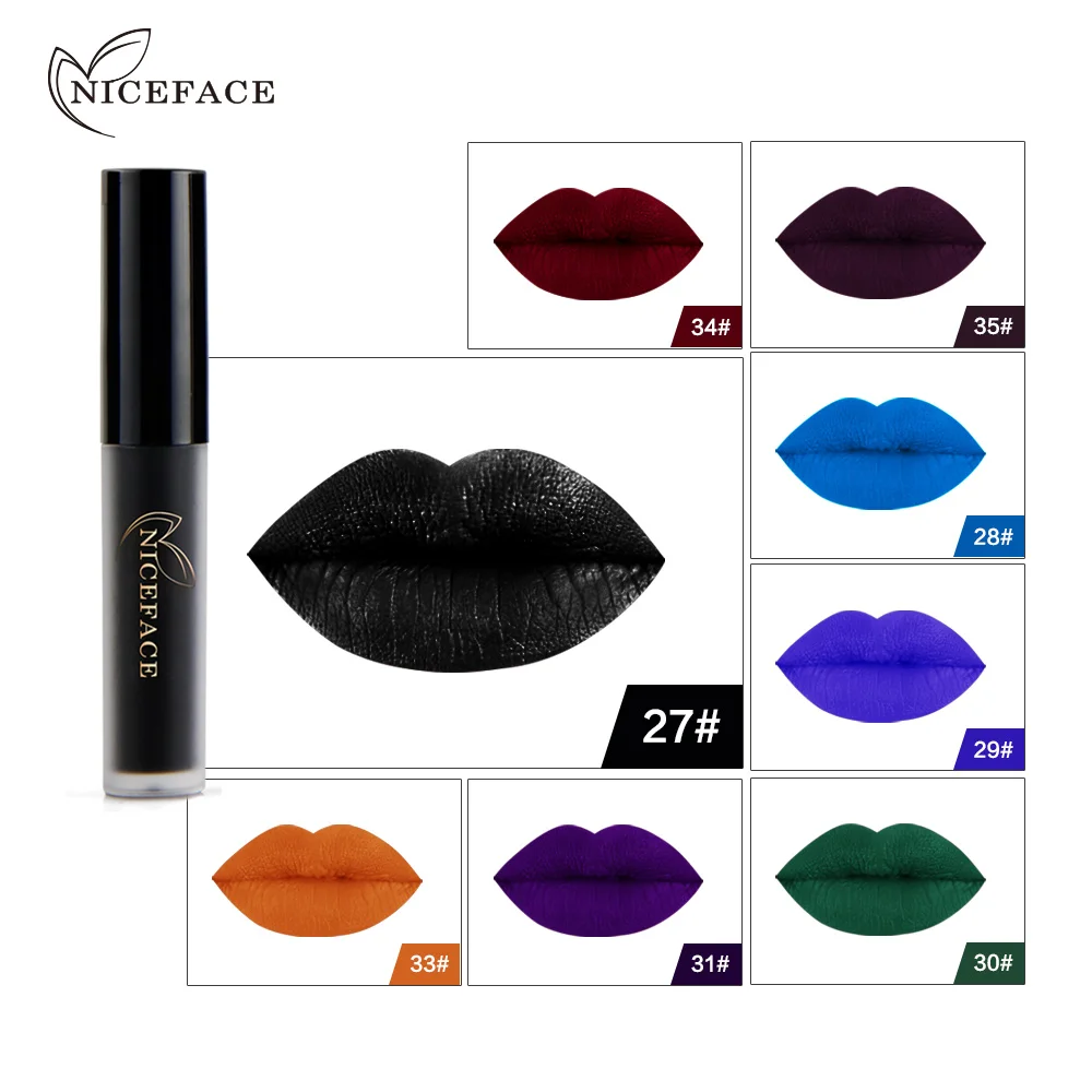 

NICEFACE Brand New Liquid Lipsticks Gothic Style Waterproof Pigment Dark Red Green Blue Black Lip Gloss Matte Halloween Makeup