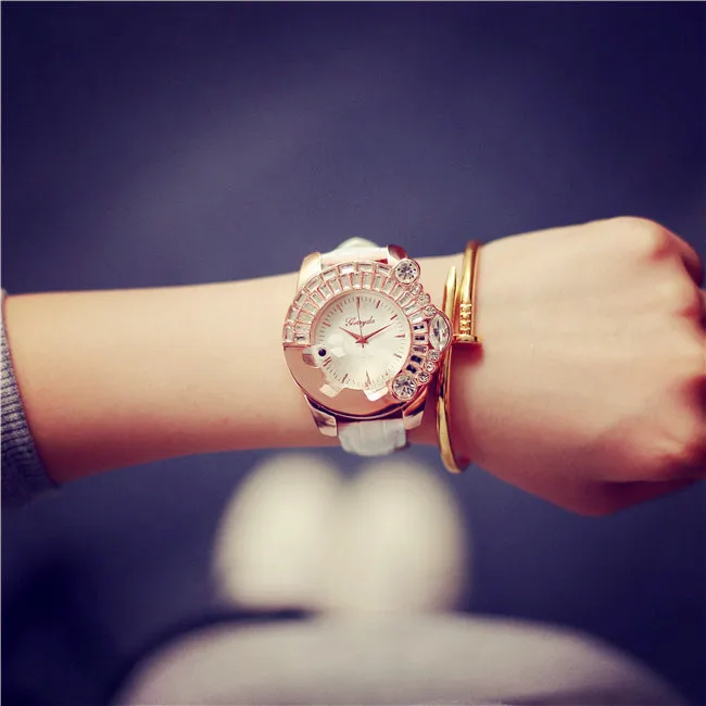 Модные роскошные женские часы Кристалл Стразы дамские часы с бриллиантами большой циферблат натуральная кожа ремешок часы браслет Наручные часы - Цвет: White
