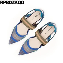 Дизайнерские корейские босоножки из сетчатого материала; красивая женская обувь на плоской подошве; женская обувь с петлей на пятке с острым носком; летняя дышащая обувь синего цвета