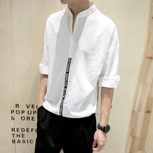 2017 flax v-neck cultivate one’s morality short sleeve T-shirt men cotton pure color in summer