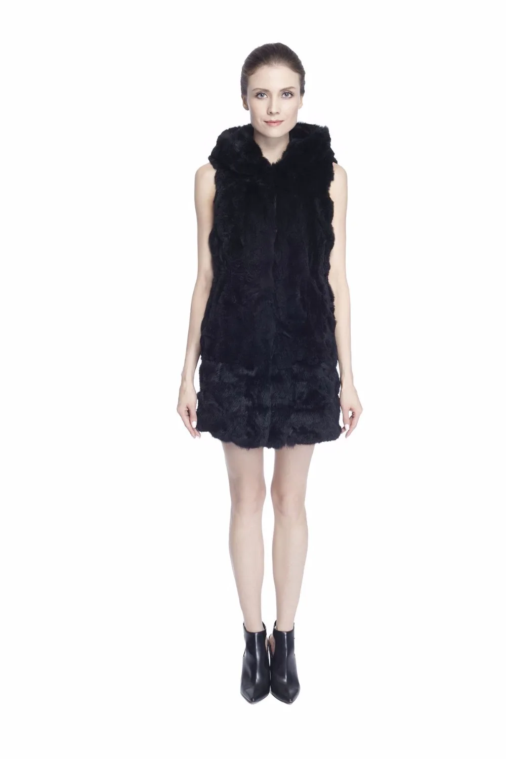 black puffer ZY88012 Women Elegant Real Winter Rex Rabbit Fur With Hooded Long Fur Vest Waistcoat Gilet Slim Fur Vest petite long puffer coat