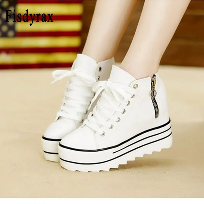 

Fisdyrax 9cm High Heels Shoes Casual Canvas Shoes platform Wedges High Top Ladies Hidden Wedge Heels Elevator Shoes