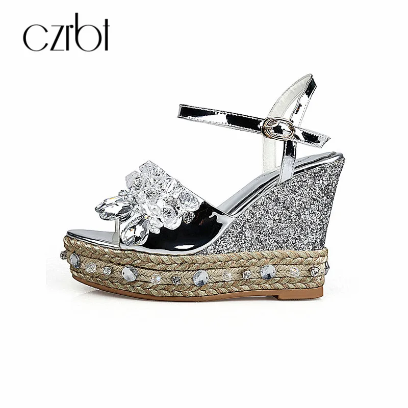 

CZRBT 2018 Wedges High Heels Women Sandals Platform Crystal Casual Shoes Woman Summer Open Toe Female Sweet Party Buckle Shoes